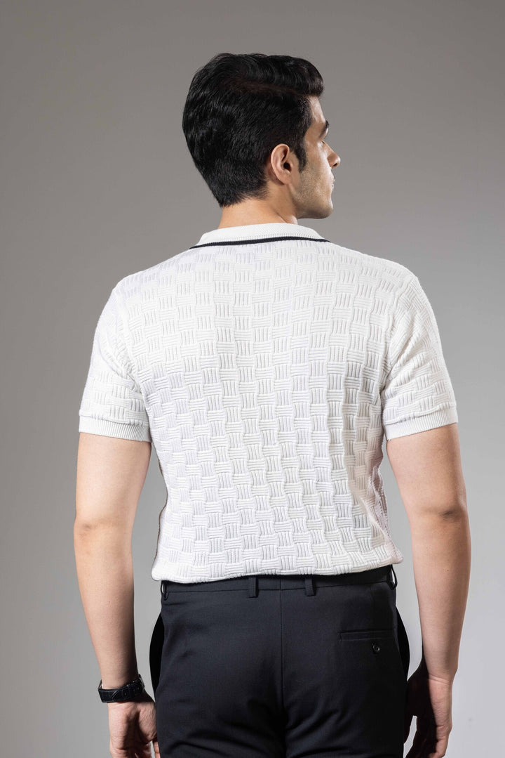 White Self Design Premium Flat Knit Polo T-Shirt
