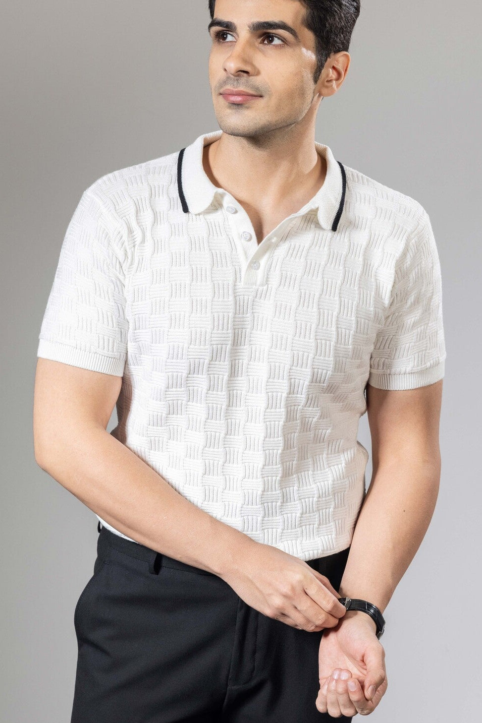 White Self Design Premium Flat Knit Polo T-Shirt