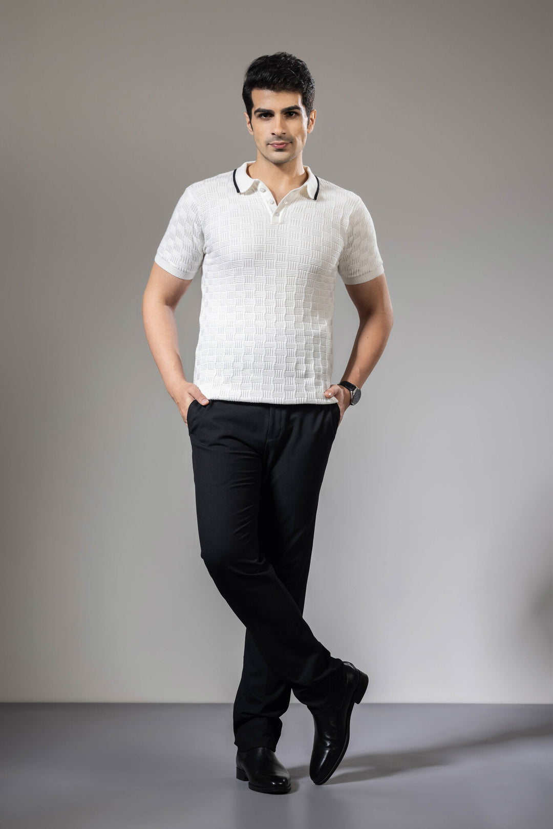 White Self Design Premium Flat Knit Polo T-Shirt