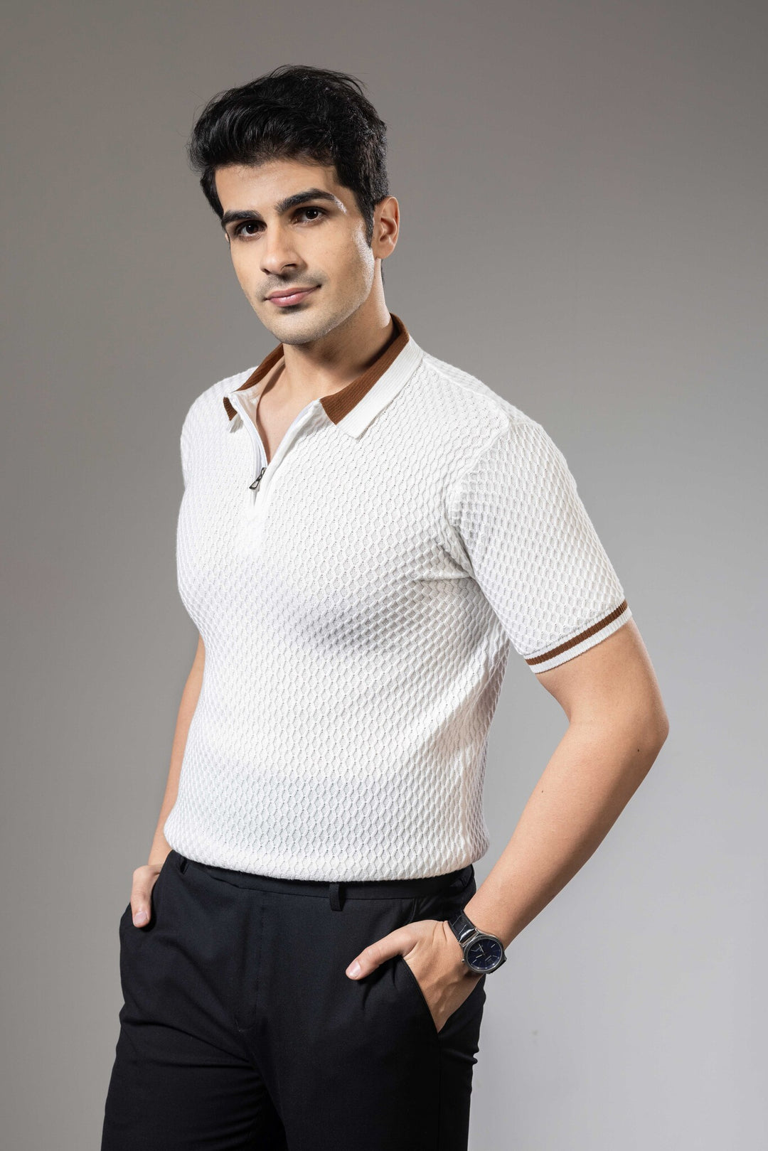 White Brown Premium Flat Knit Polo T-Shirt