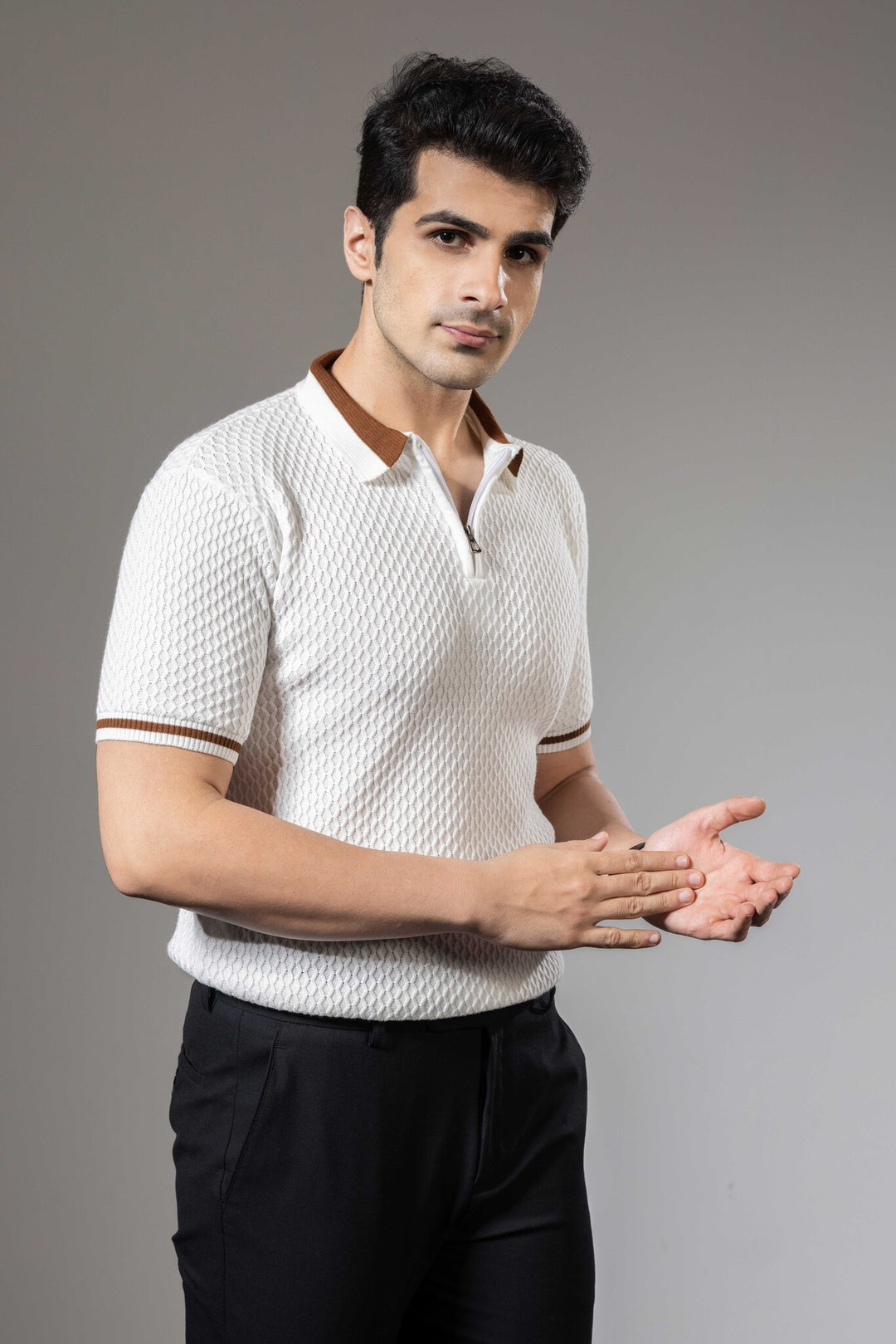 White Brown Premium Flat Knit Polo T-Shirt