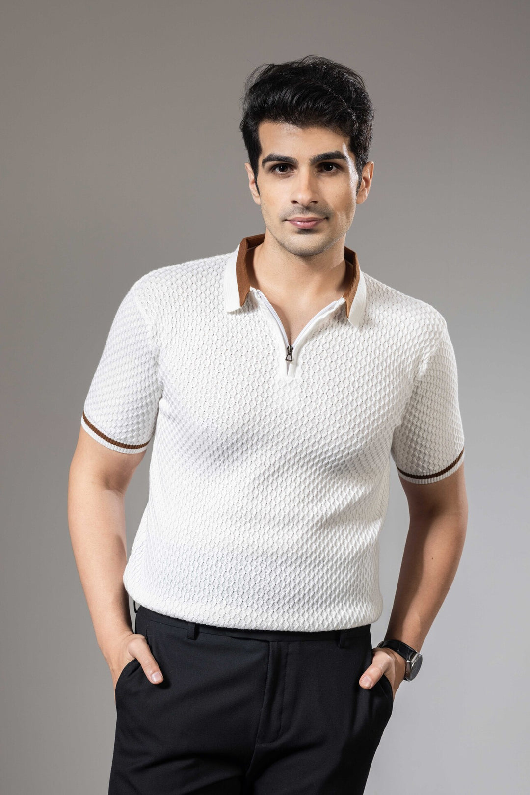White Brown Premium Flat Knit Polo T-Shirt