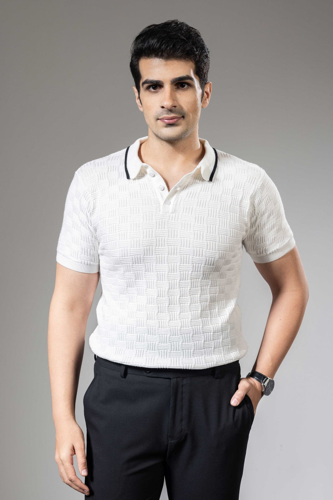 White Self Design Premium Flat Knit Polo T-Shirt