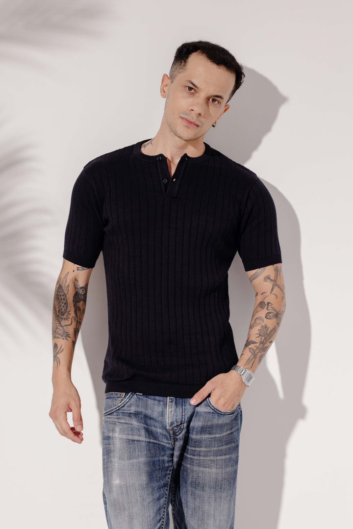 Black Premium Flat Knit Polo T-Shirt