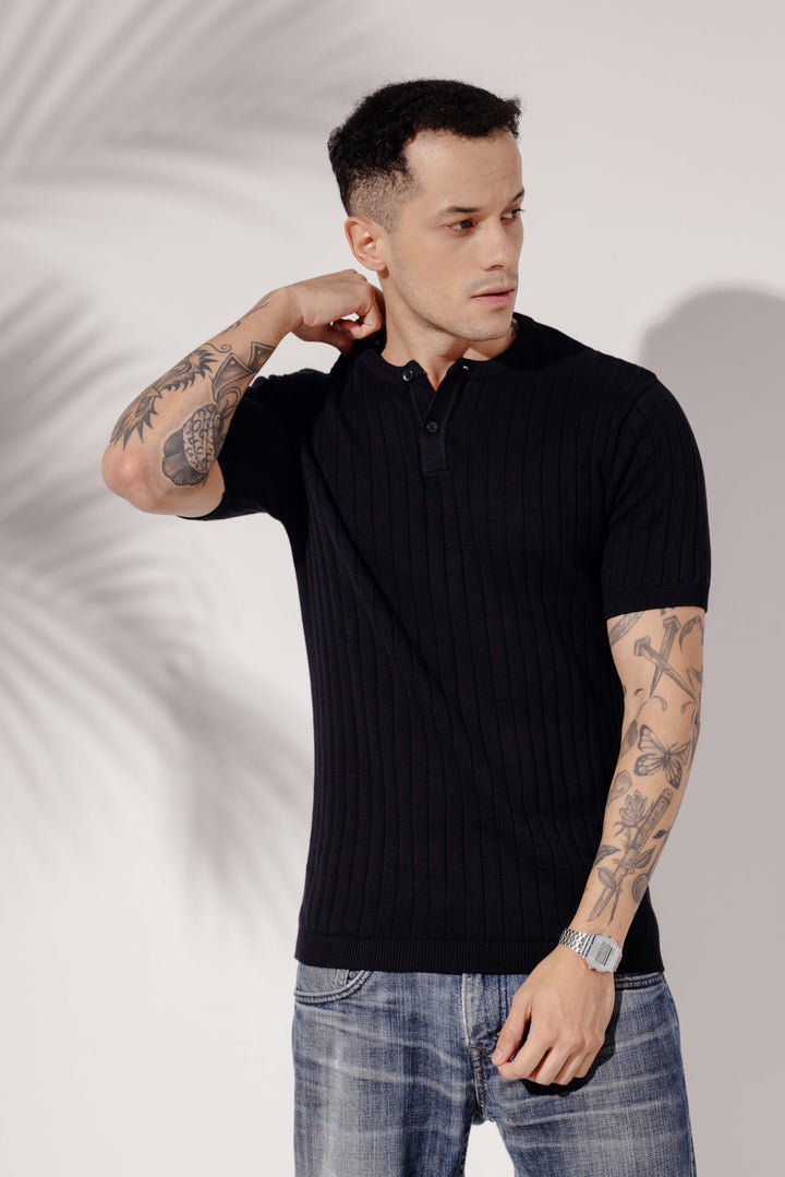 Black Premium Flat Knit Polo T-Shirt