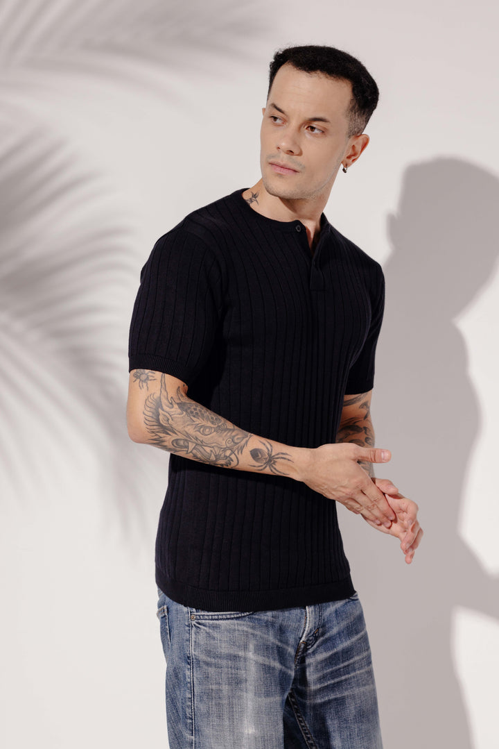 Black Premium Flat Knit Polo T-Shirt