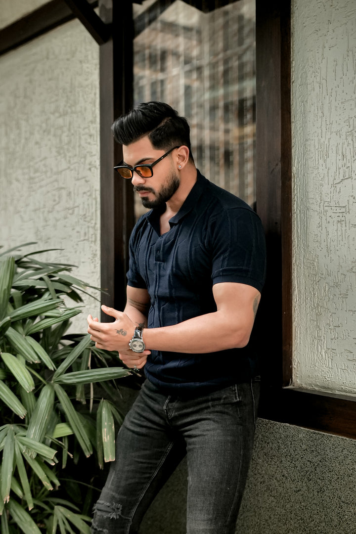 Navy Premium Flat Knit Polo T-Shirt