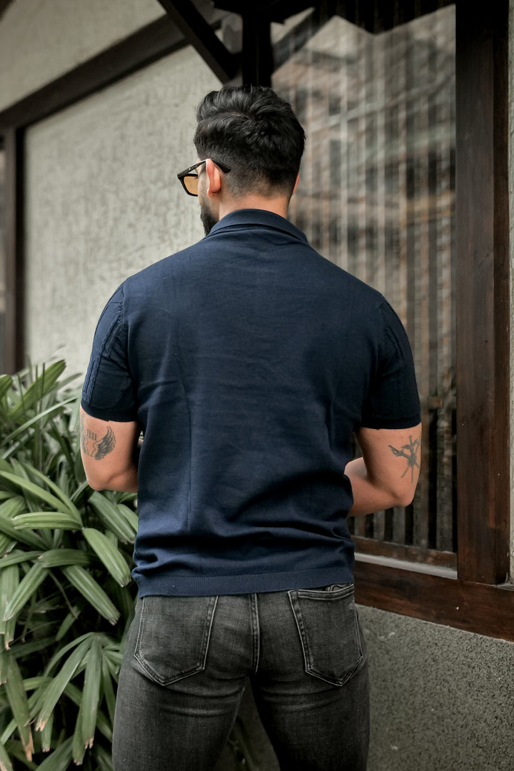 Navy Premium Flat Knit Polo T-Shirt