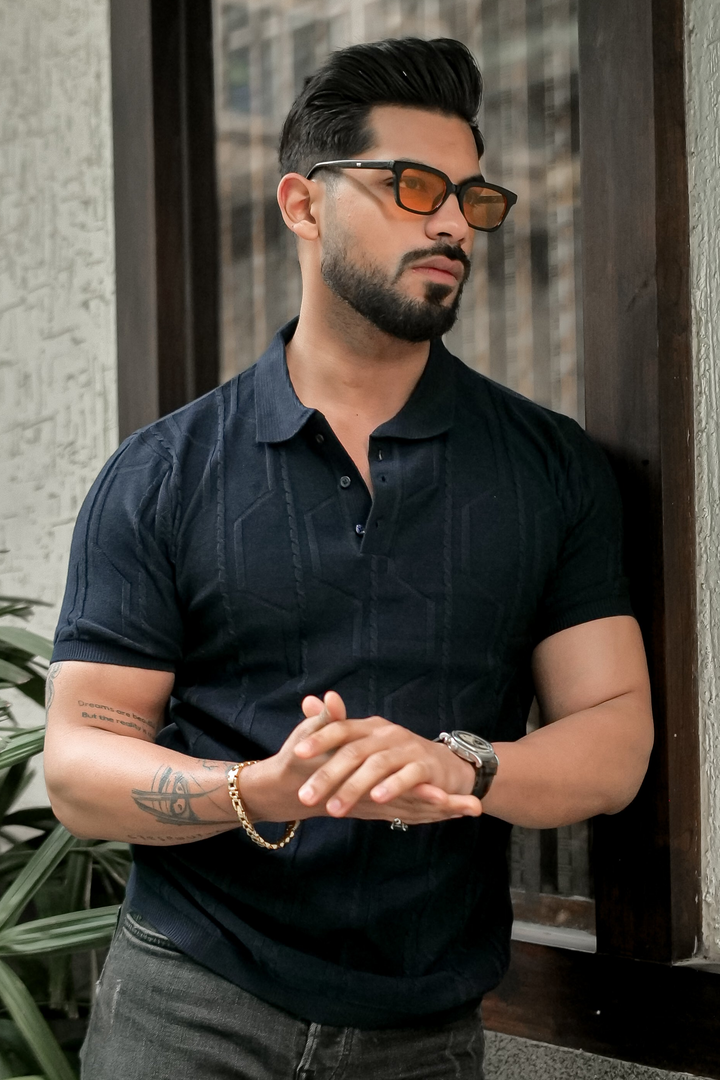 Navy Premium Flat Knit Polo T-Shirt