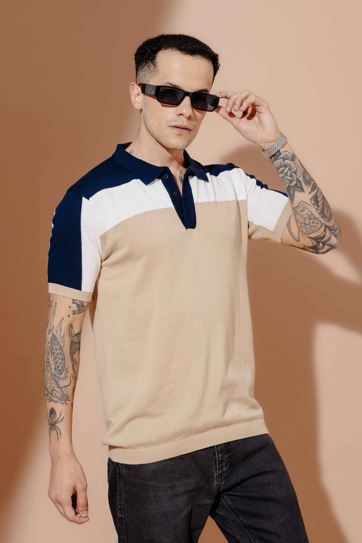 Navy Cream Premium Flat Knit Polo T-Shirt