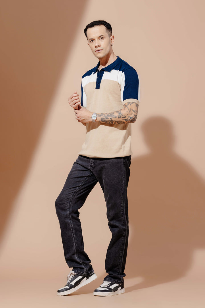 Navy Cream Premium Flat Knit Polo T-Shirt