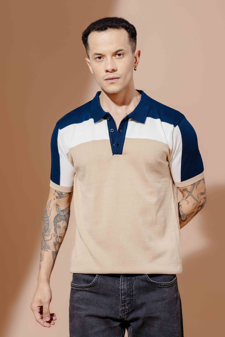Navy Cream Premium Flat Knit Polo T-Shirt