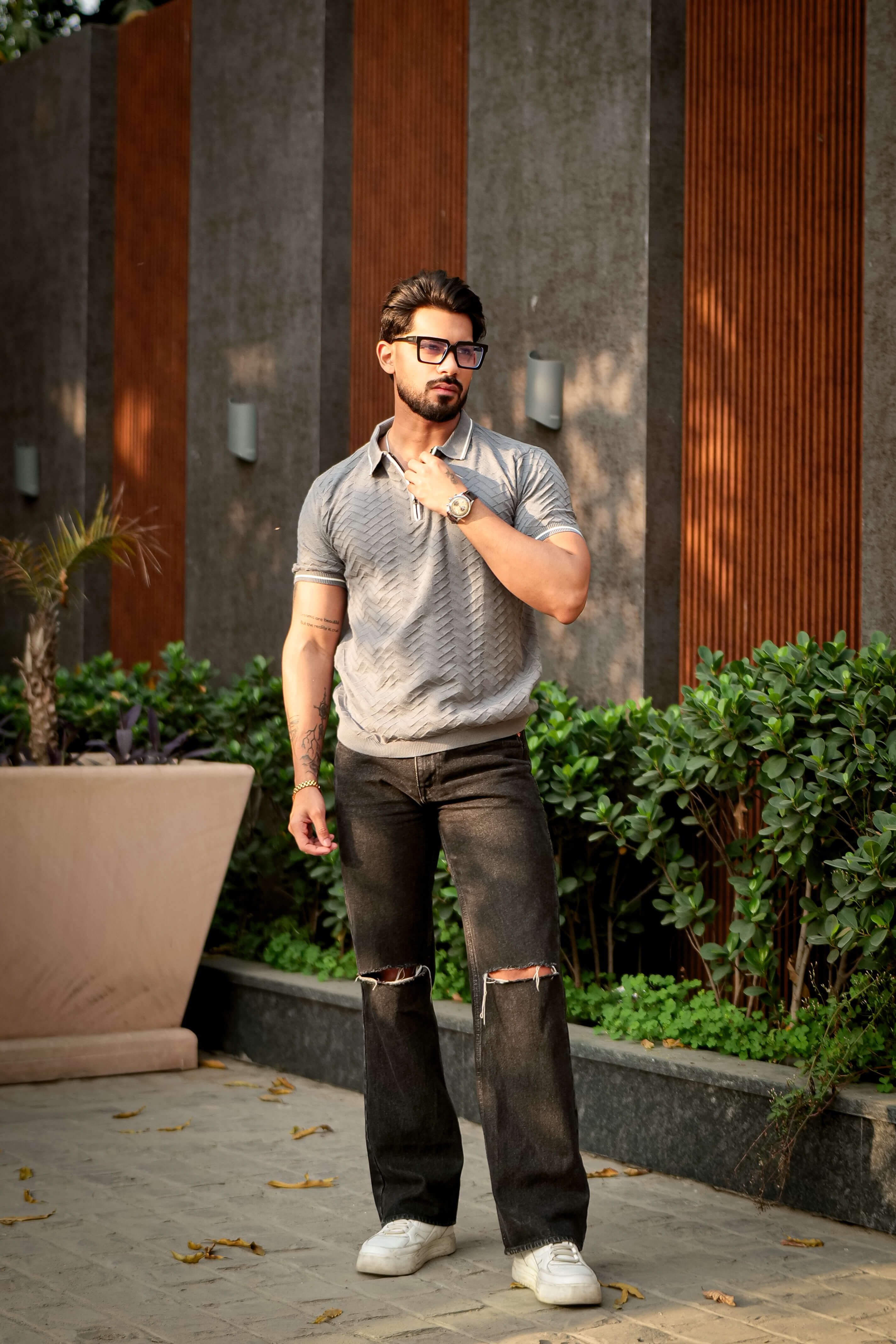 Grey Premium Flat Knit Zipper Polo T-Shirt
