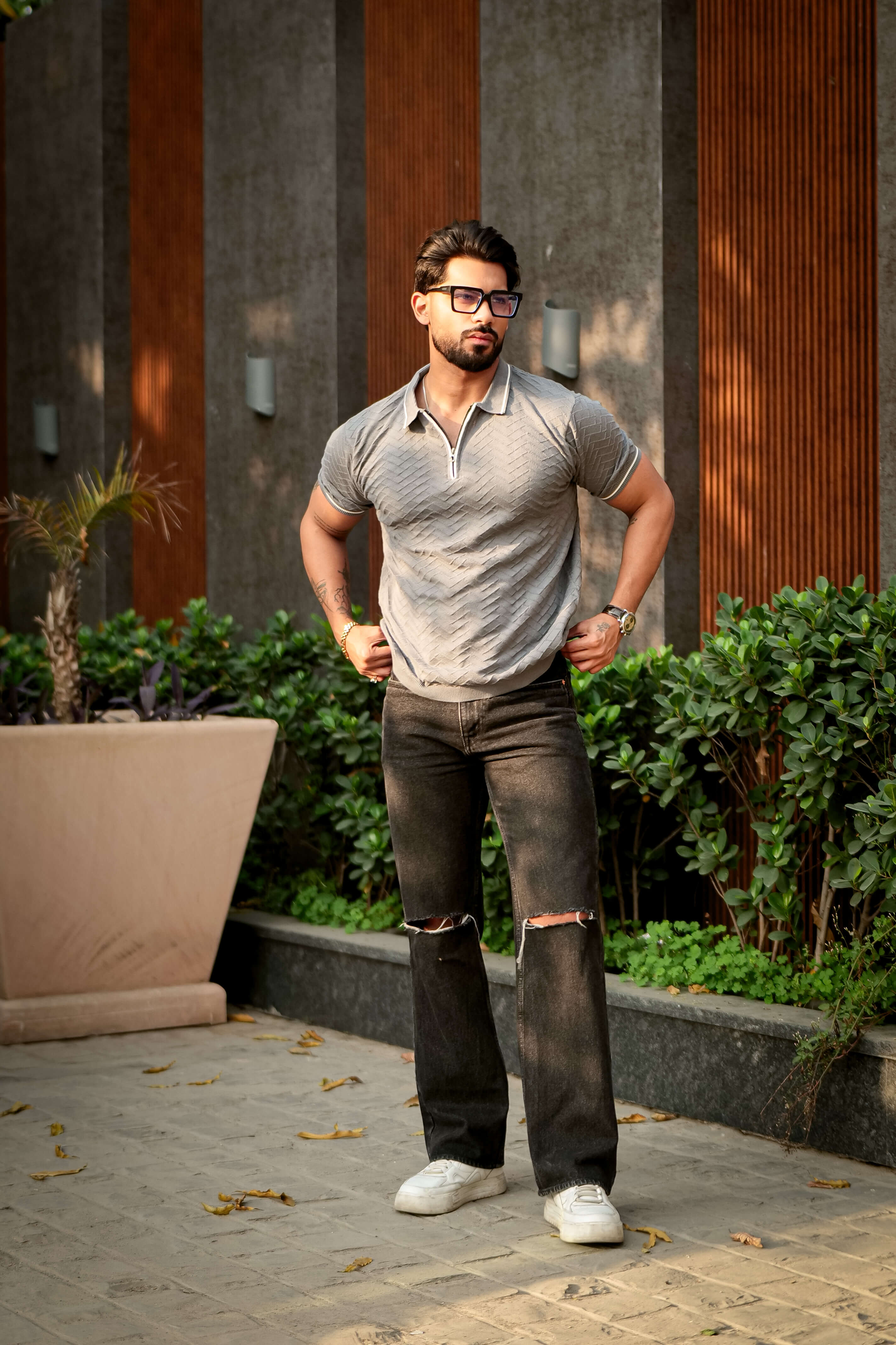 Grey Premium Flat Knit Zipper Polo T-Shirt