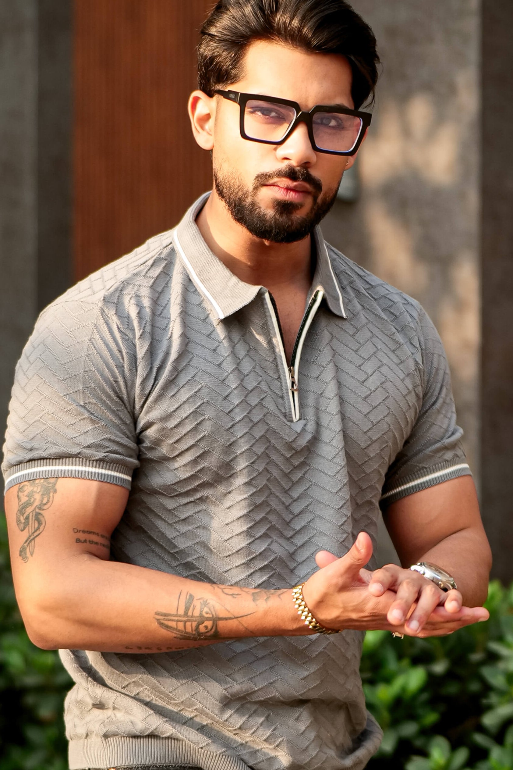 Grey Premium Flat Knit Zipper Polo T-Shirt