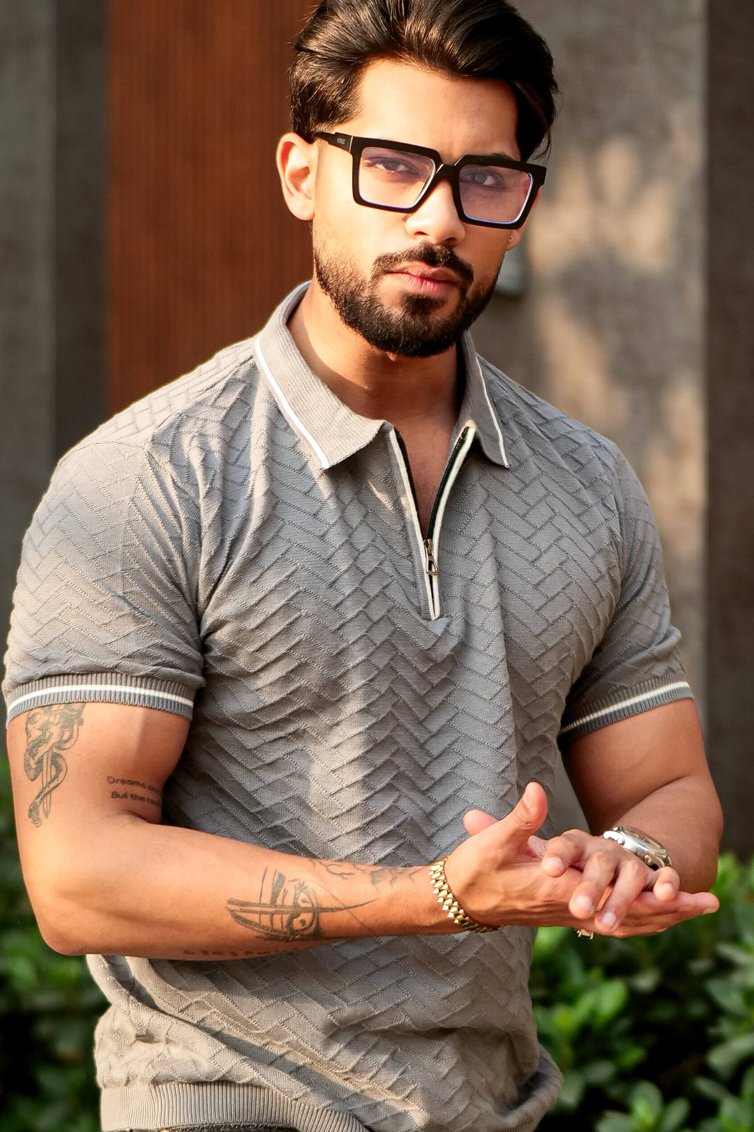 Grey Premium Flat Knit Zipper Polo T-Shirt