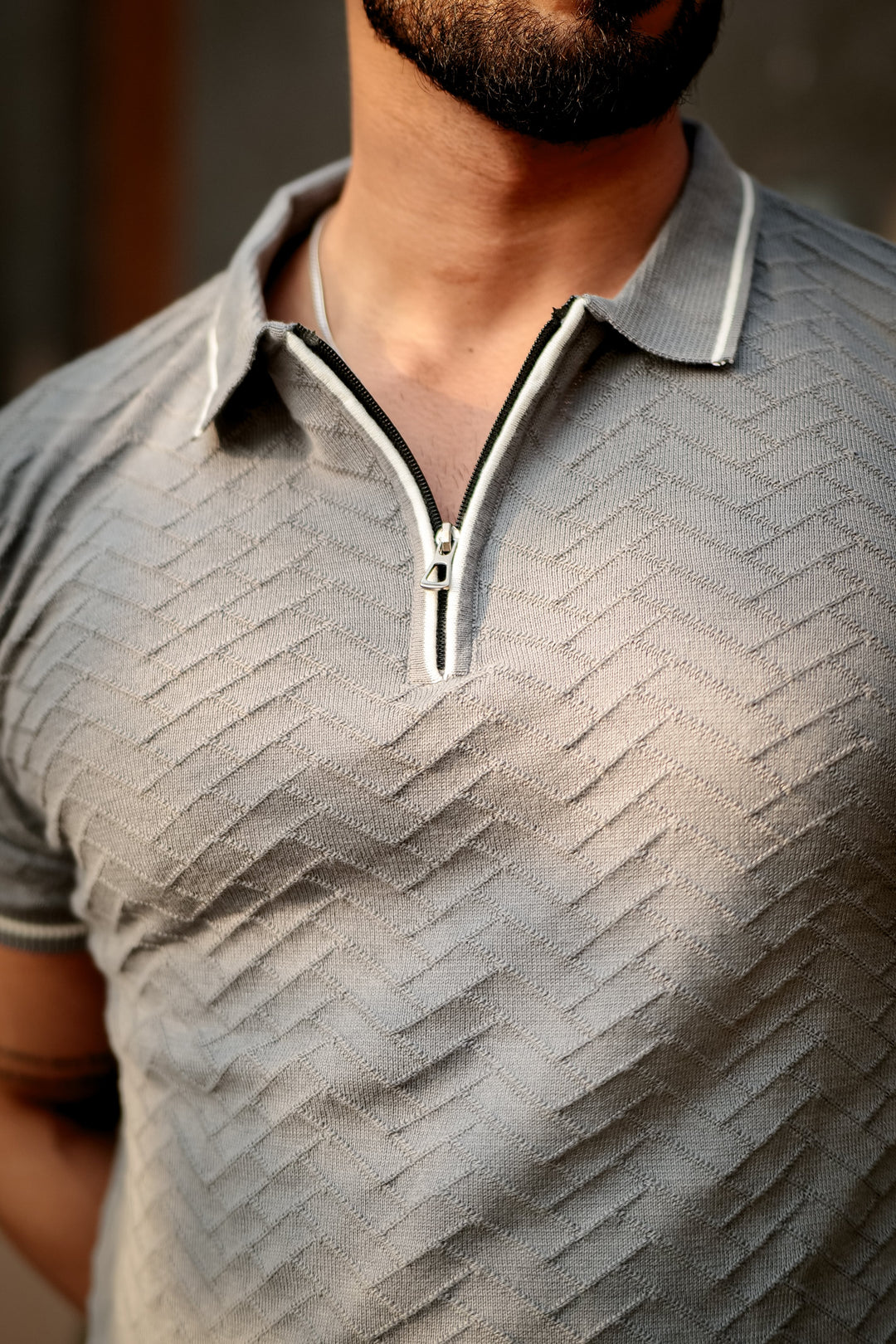 Grey Premium Flat Knit Zipper Polo T-Shirt