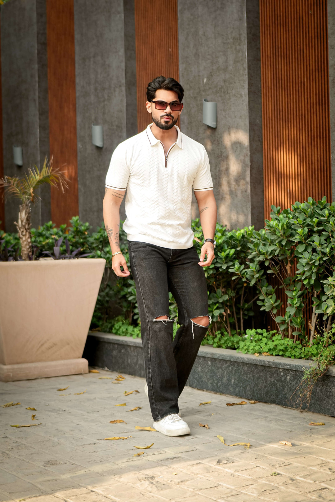 Cream Premium Flat Knit Polo T-Shirt