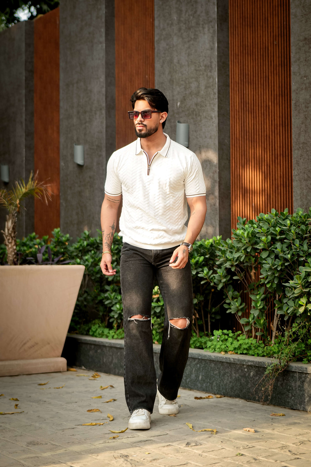 Cream Premium Flat Knit Polo T-Shirt