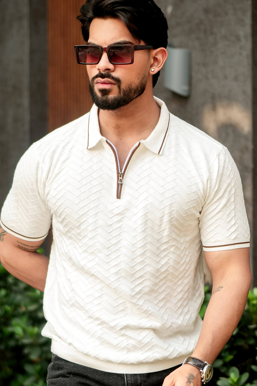 Cream Premium Flat Knit Polo T-Shirt