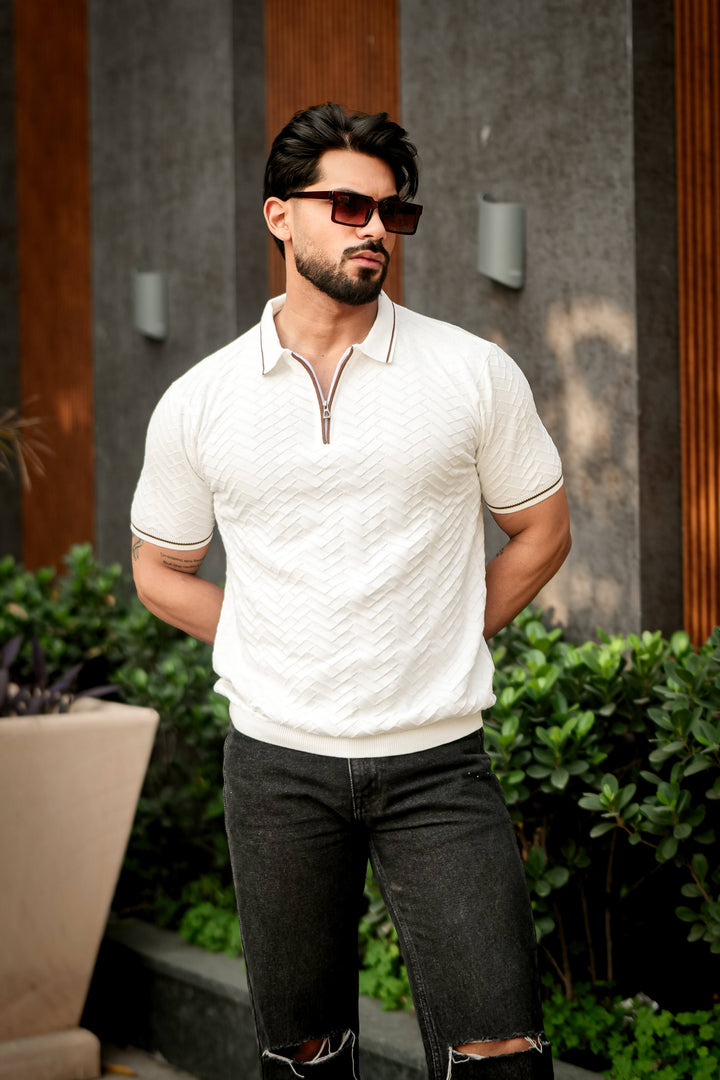 Cream Premium Flat Knit Polo T-Shirt