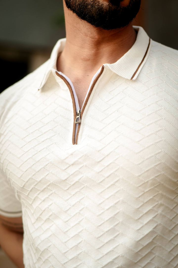 Cream Premium Flat Knit Polo T-Shirt