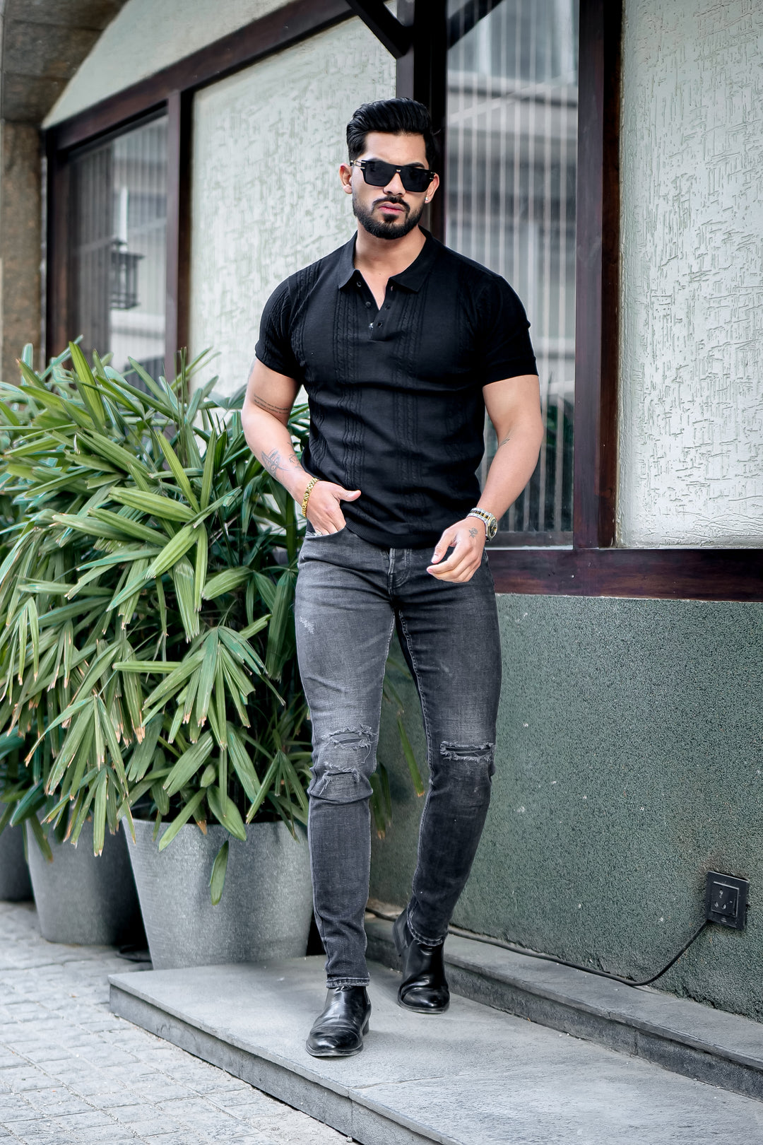 Black Premium Flat knit Polo T-shirt