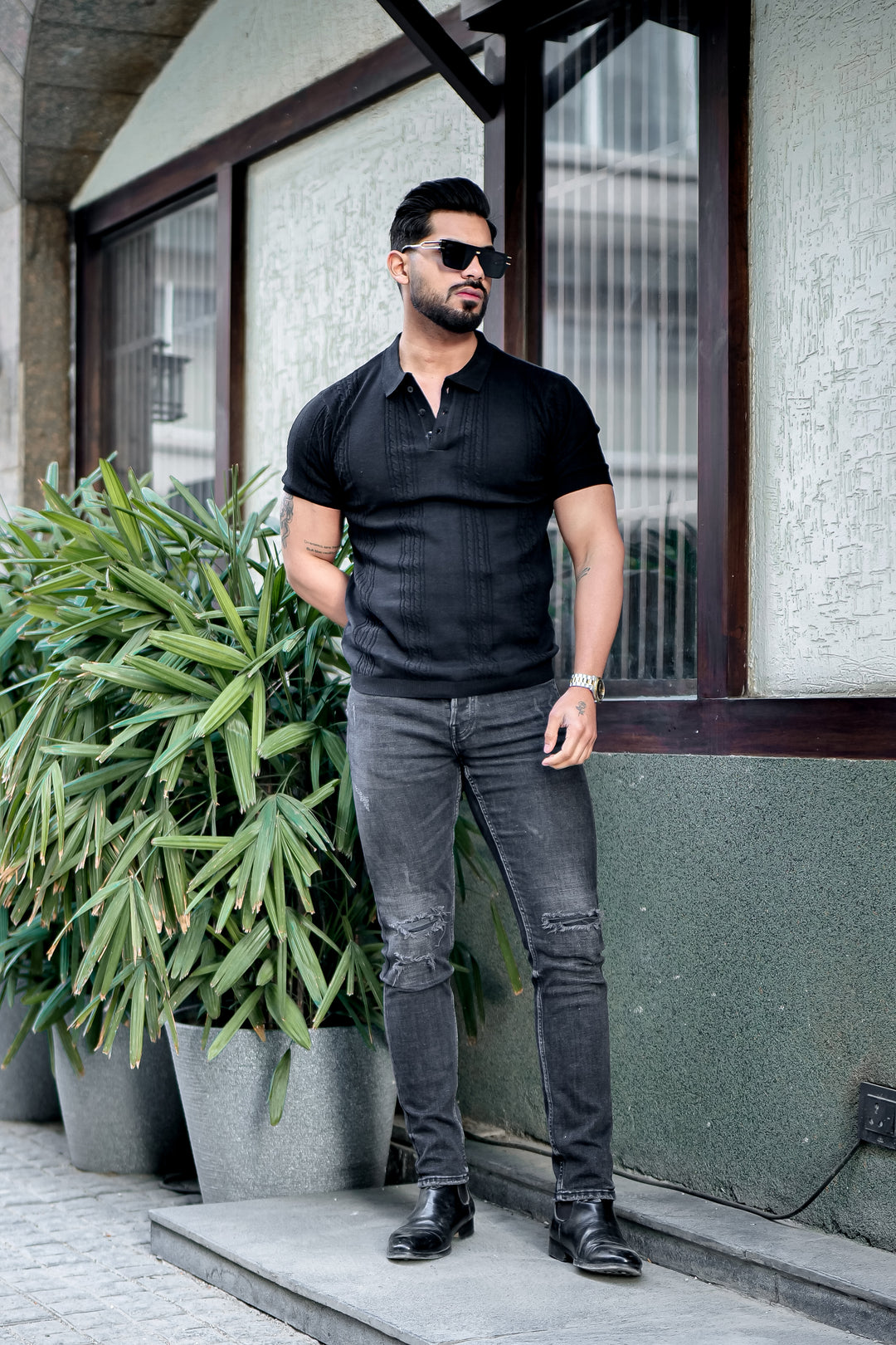 Black Premium Flat knit Polo T-shirt
