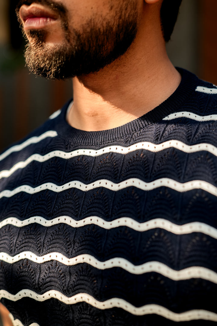 Navy Blue Premium Flat Knit Round Neck Striped T-Shirt