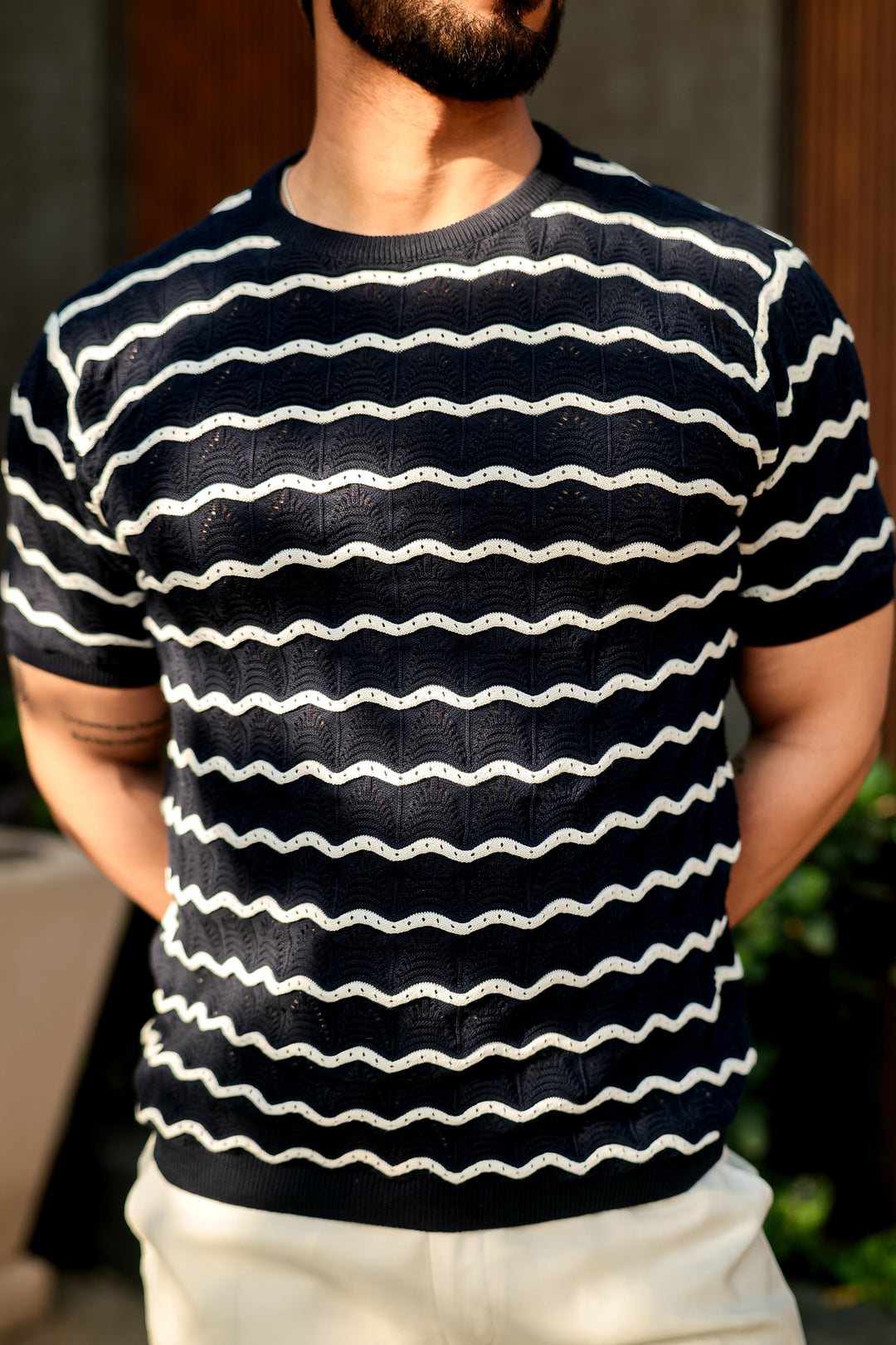 Navy Blue Premium Flat Knit Round Neck Striped T-Shirt