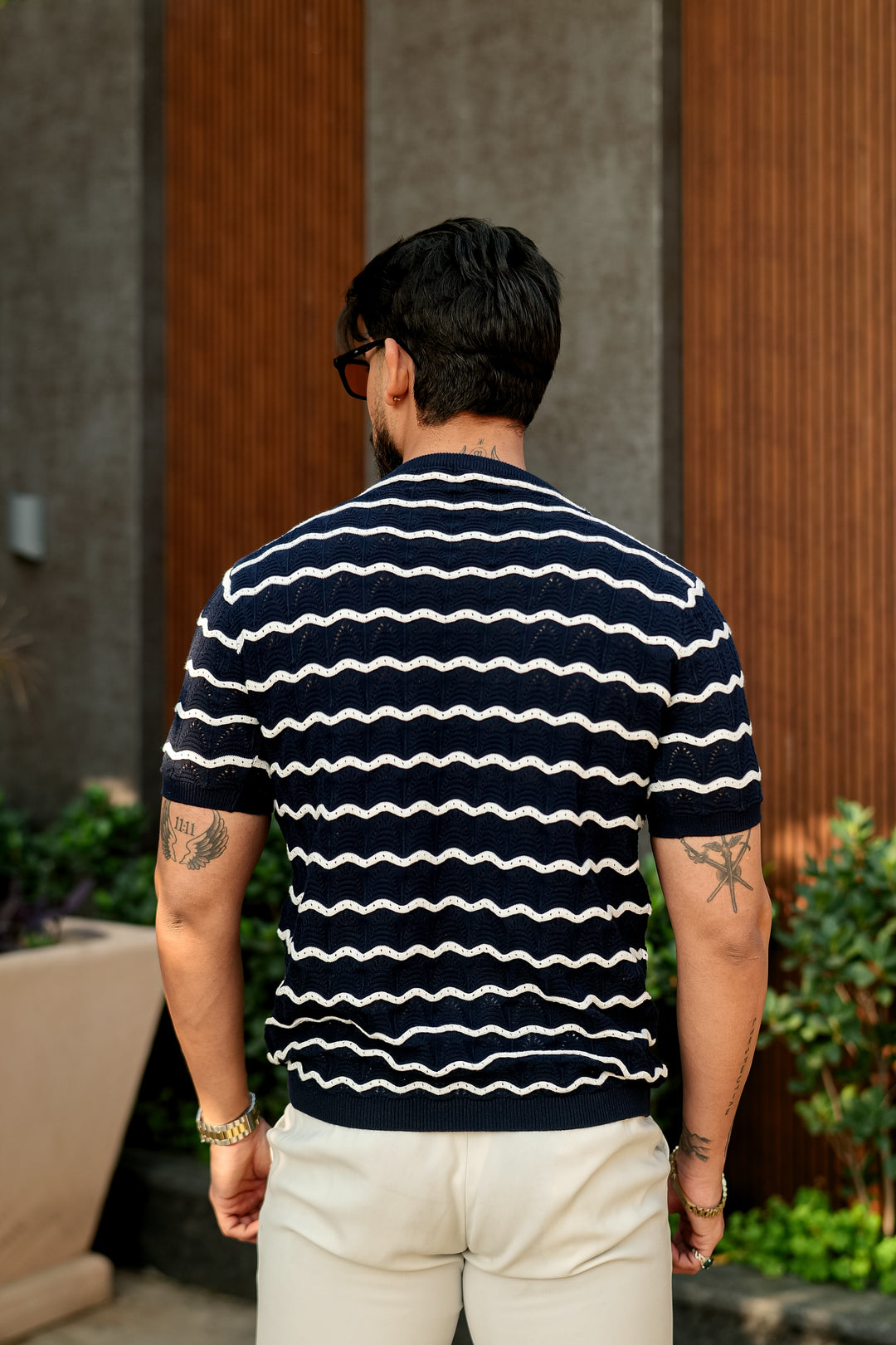 Navy Blue Premium Flat Knit Round Neck Striped T-Shirt