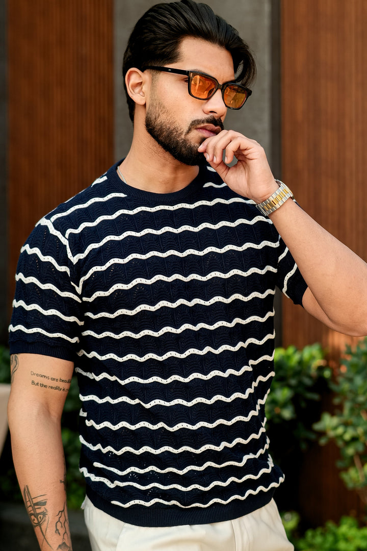 Navy Blue Premium Flat Knit Round Neck Striped T-Shirt