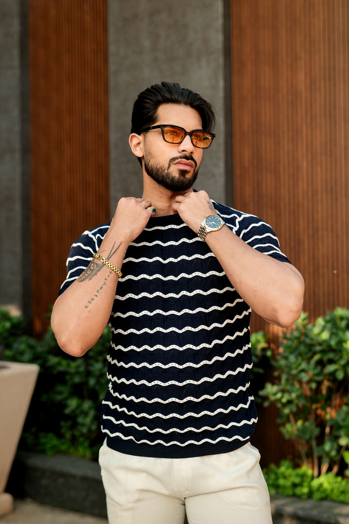 Navy Blue Premium Flat Knit Round Neck Striped T-Shirt