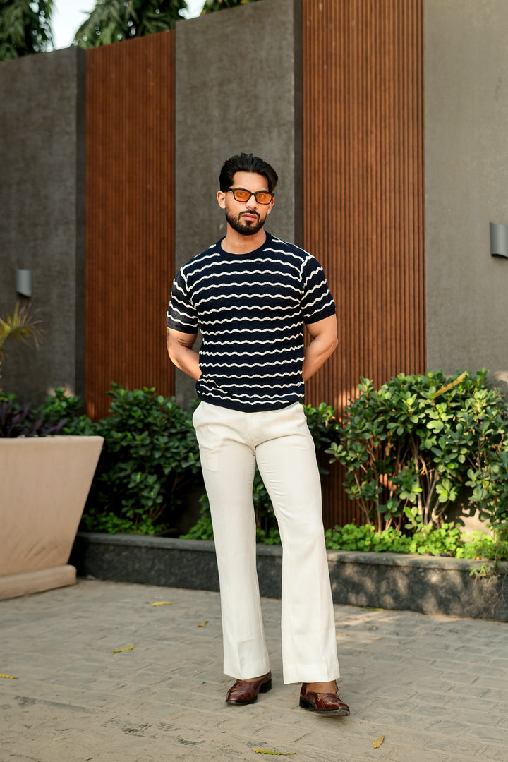 Navy Blue Premium Flat Knit Round Neck Striped T-Shirt
