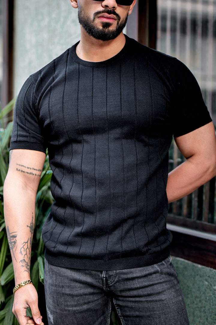 Black Premium Flat Knit Round Neck T-shirt