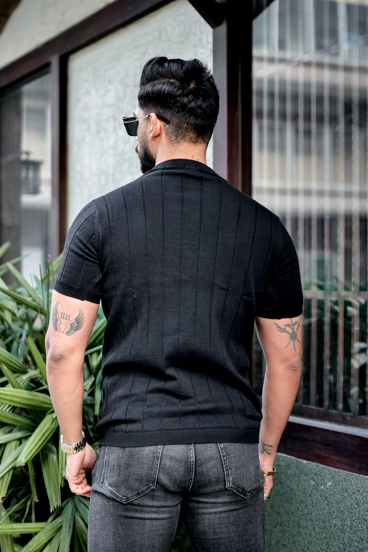 Black Premium Flat Knit Round Neck T-shirt