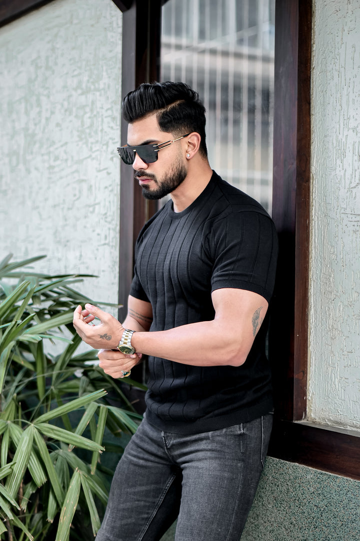 Black Premium Flat Knit Round Neck T-shirt