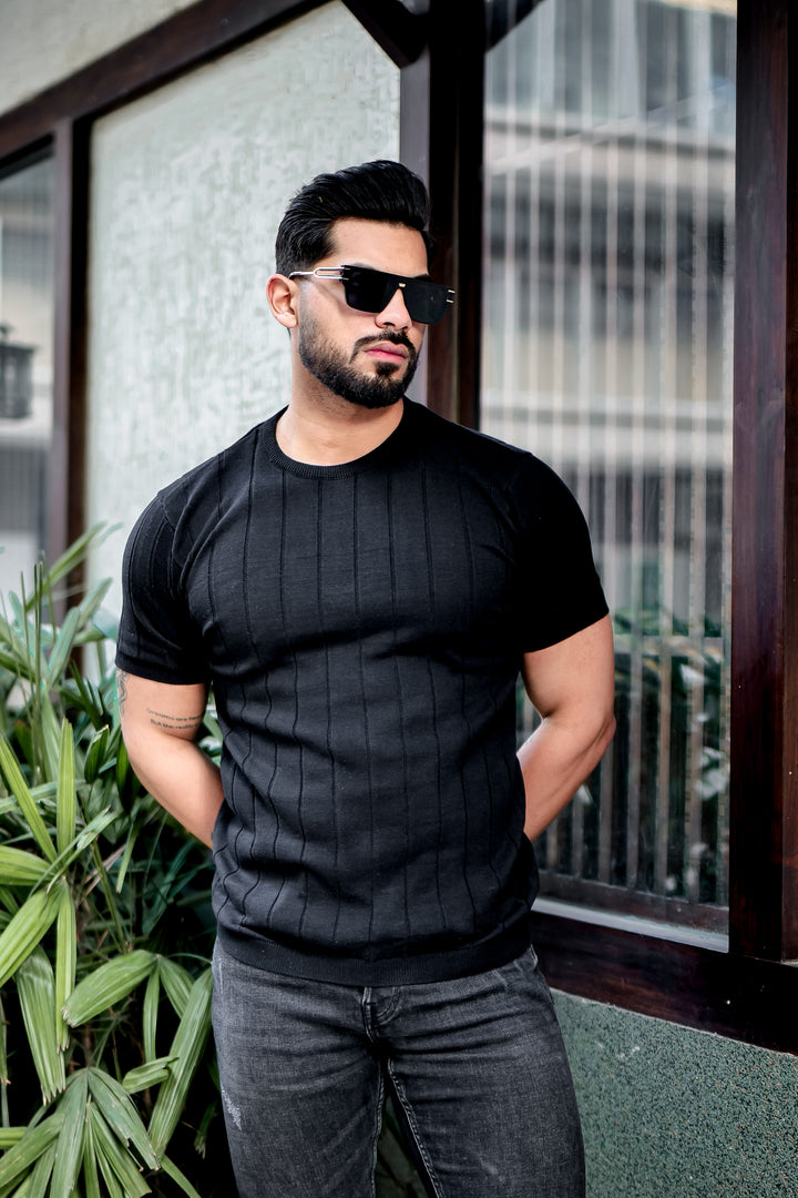 Black Premium Flat Knit Round Neck T-shirt