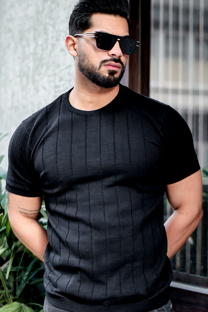 Black Premium Flat Knit Round Neck T-shirt