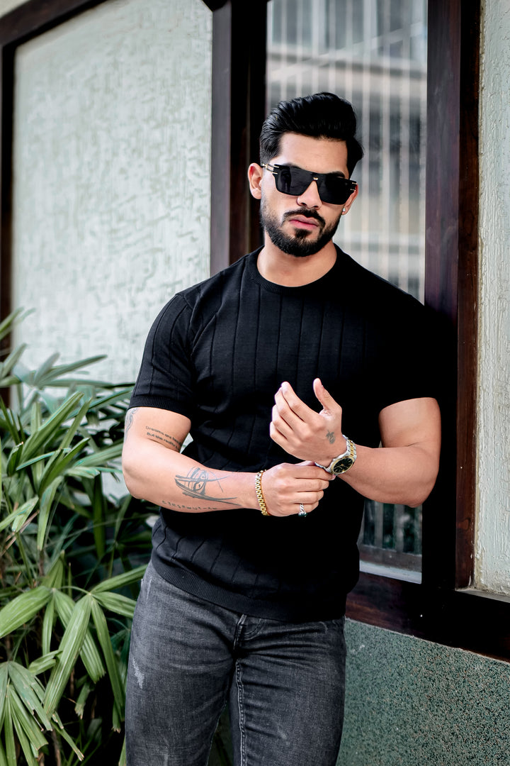 Black Premium Flat Knit Round Neck T-shirt