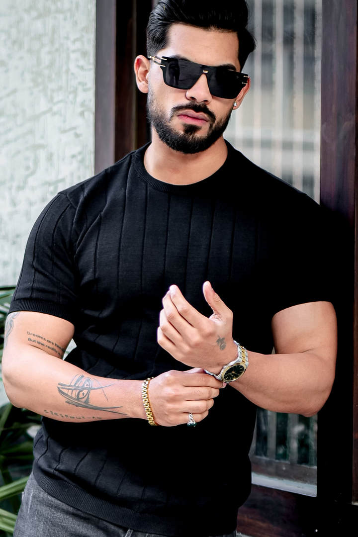 Black Premium Flat Knit Round Neck T-shirt
