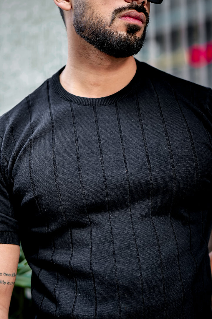 Black Premium Flat Knit Round Neck T-shirt