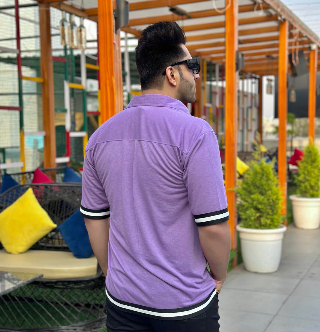 Oversized Purple Half Sleeve Solid Tapping Knitted Shirt