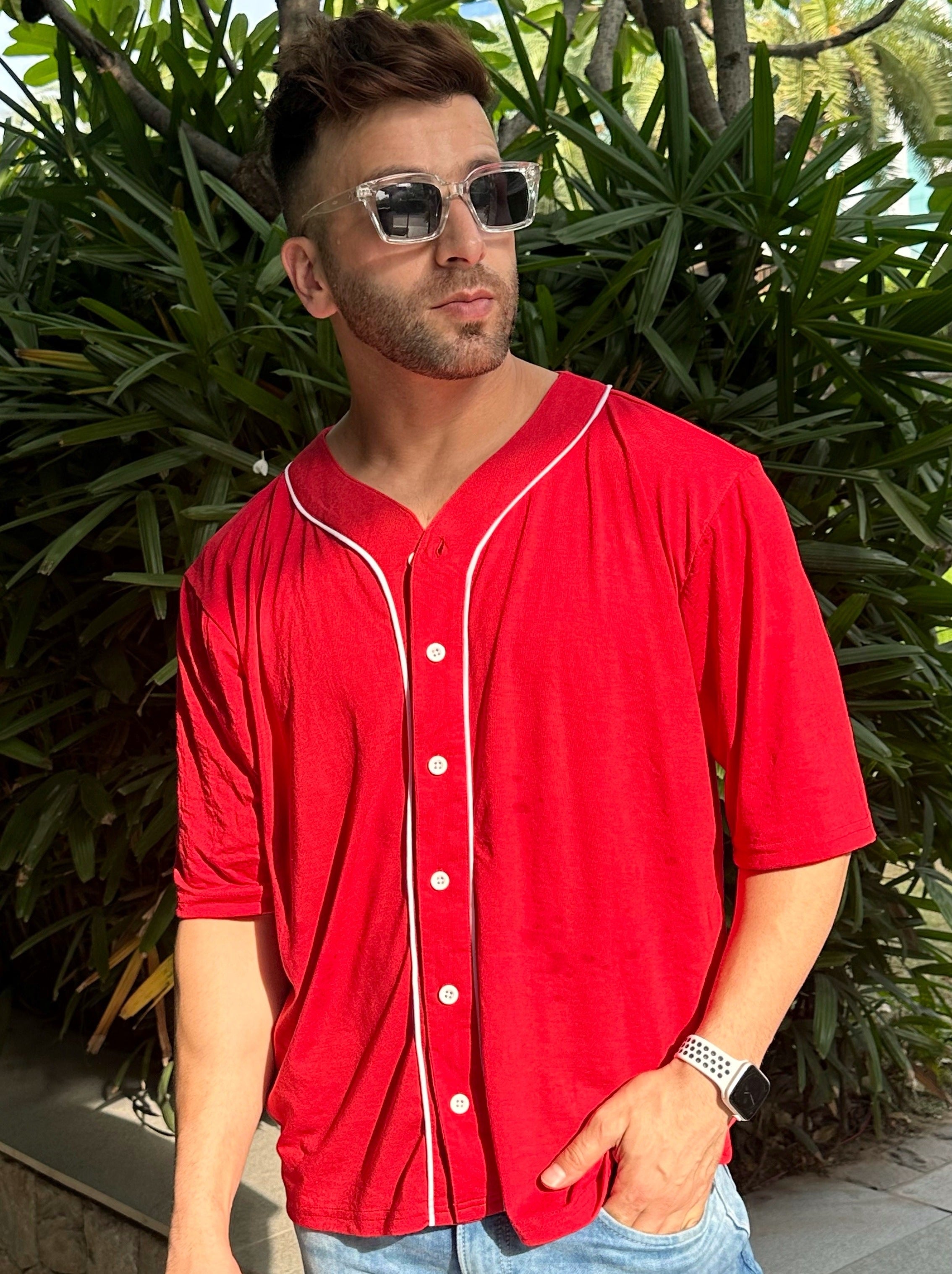 Red Oversized Tapping Knitted Shirt
