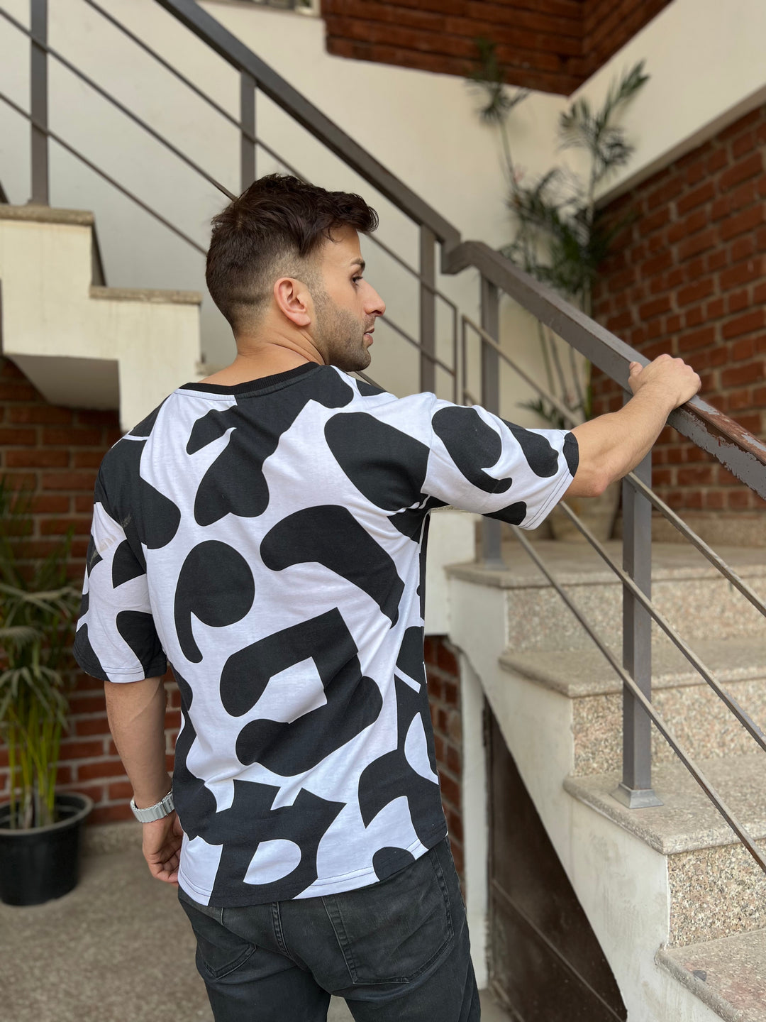 Oversized Drop Shoulder White Black Half Sleeve  T-Shirt