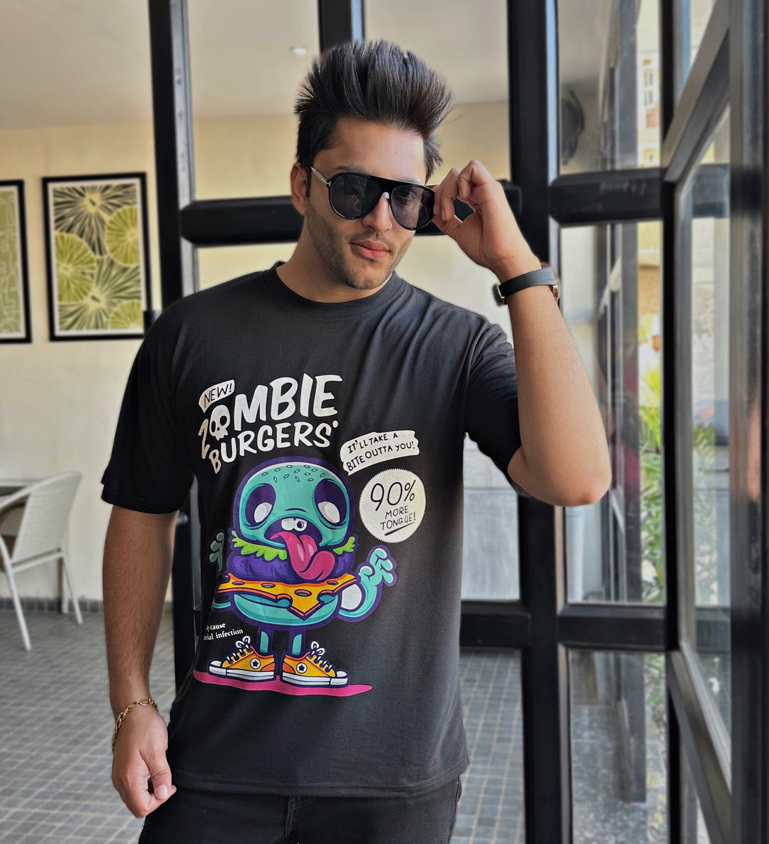 Black Oversized Half Sleeve Zombie Burgers  T-Shirt