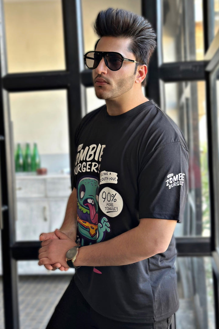 Black Oversized Half Sleeve Zombie Burgers  T-Shirt