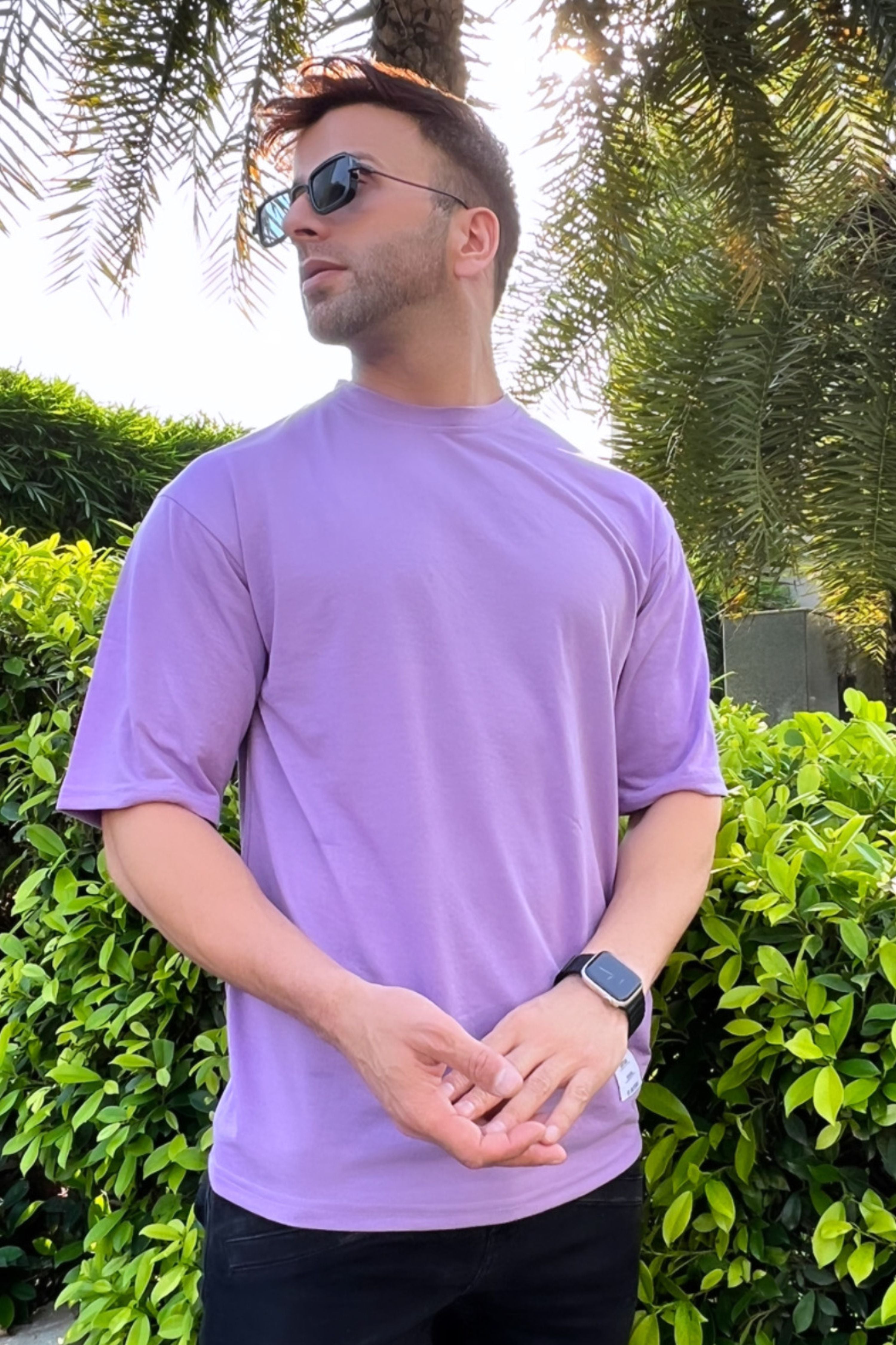 Oversized Half Sleeve Lavender Solid T-Shirt