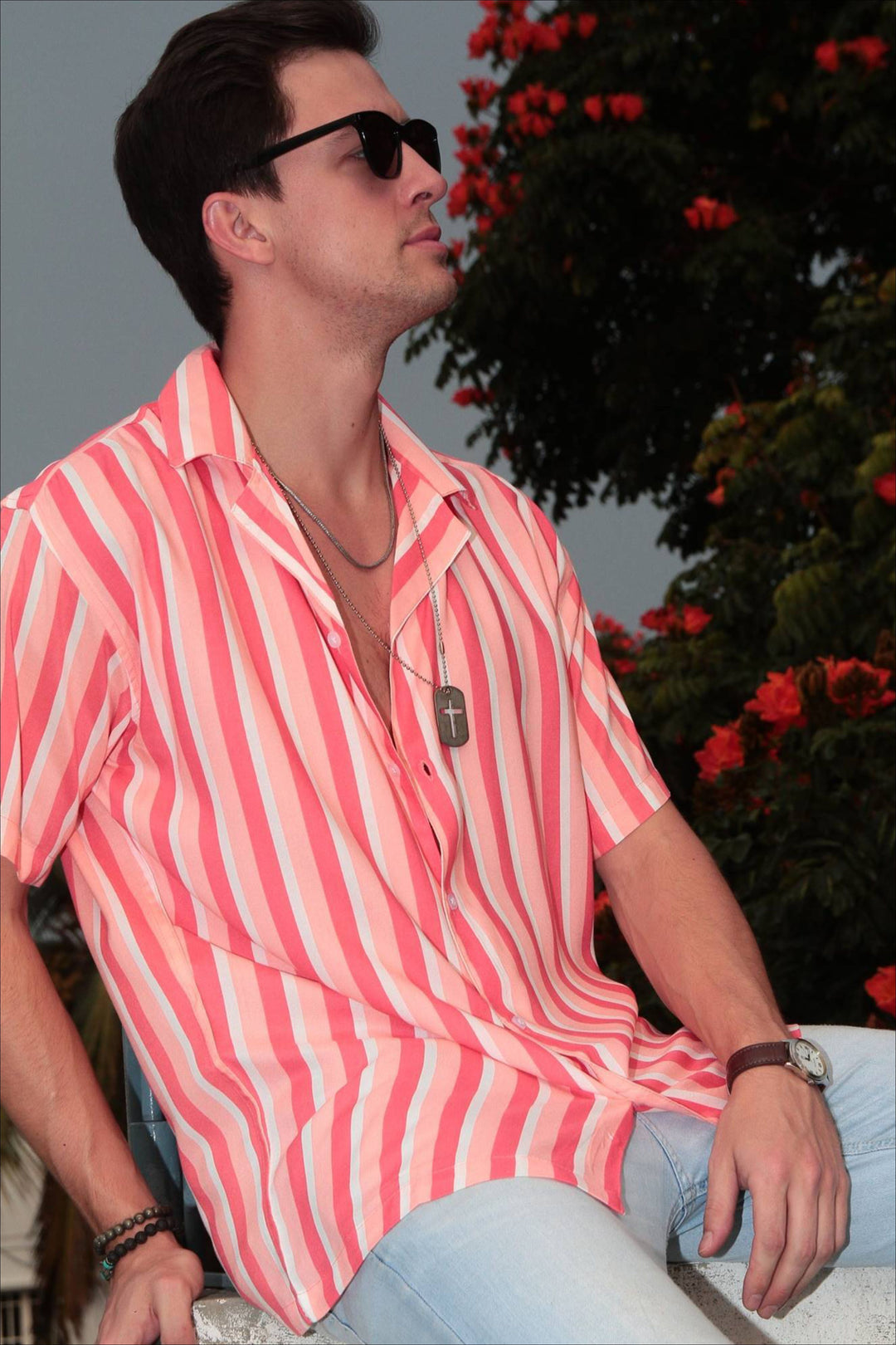 Pink Oversized Stripe Printed Shirt