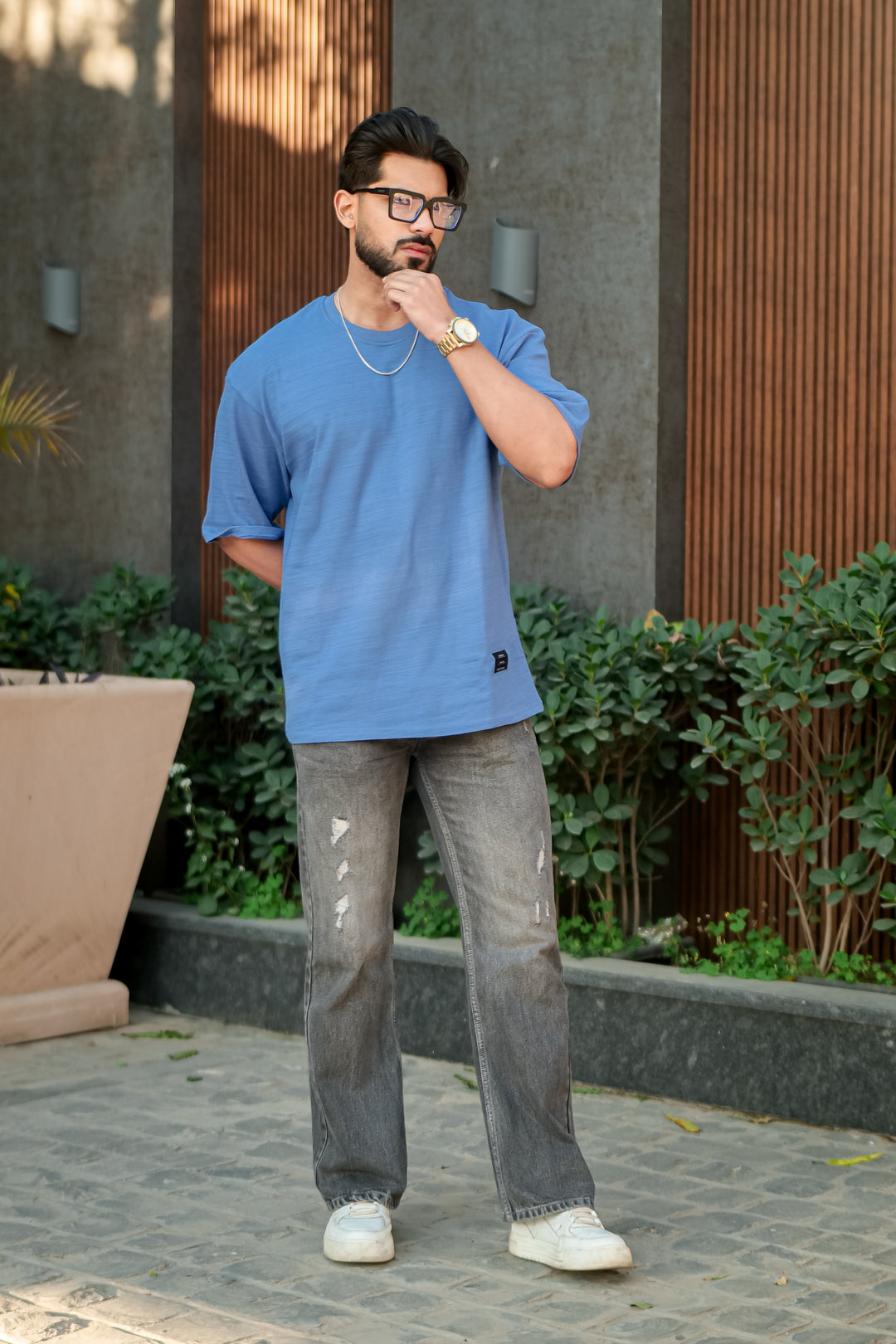 Blue Oversized Slub T-Shirt